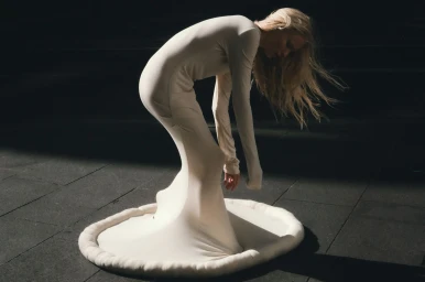 A blonde model wearing a cream-colored formfitting dress pooled on dark pavement with strong dramatic lighting.