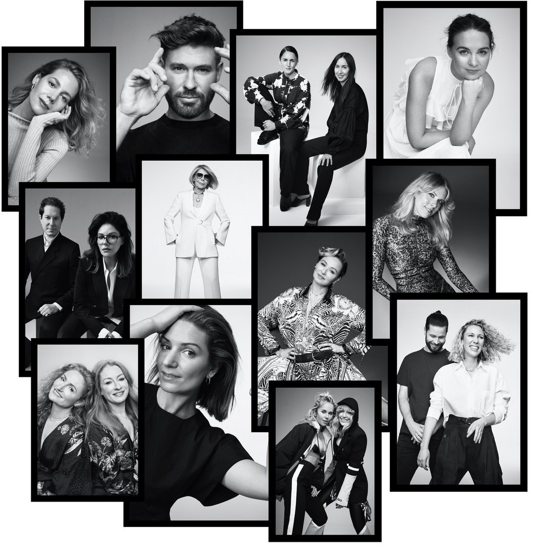 Black and white collage of various headshot portraits featuring adult men and women with diverse hair styles, fashion and expressions.