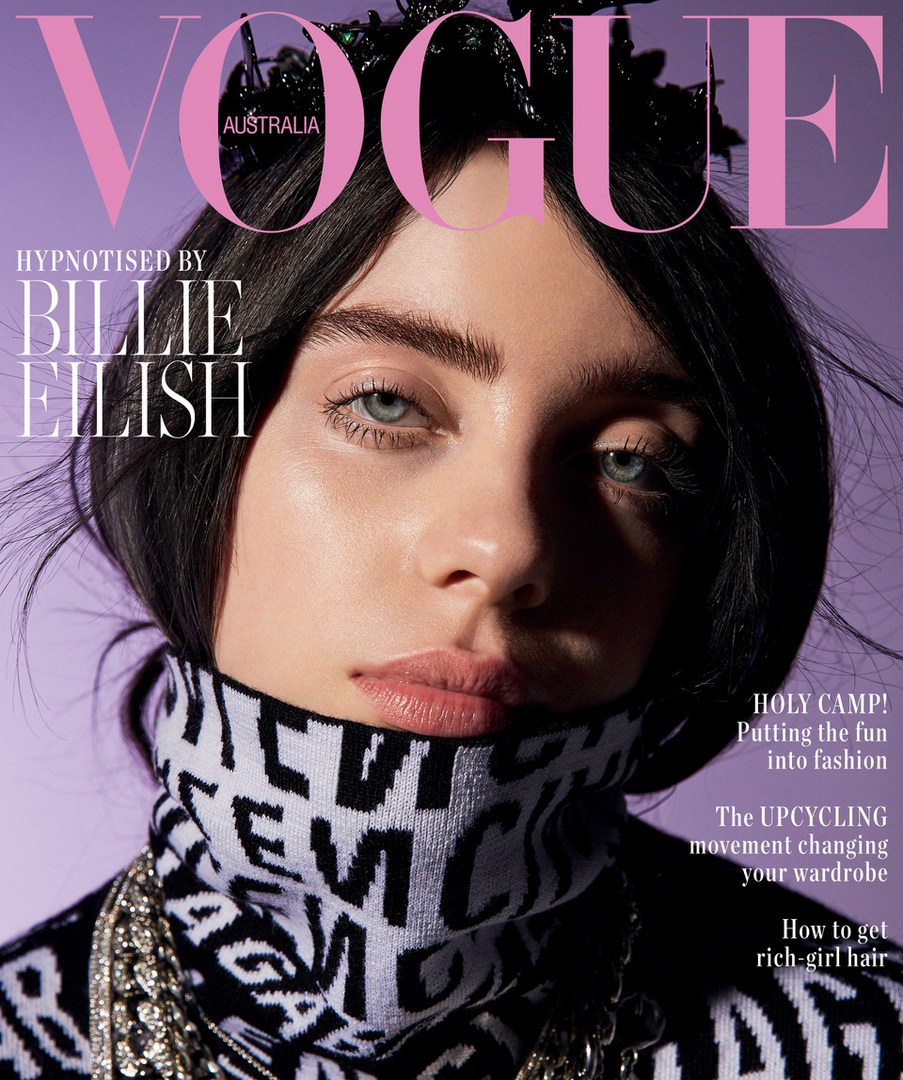 Vogue Australia cover featuring Billie Eilish in a close-up shot with black and white high-neck top, silver chains, and a dark crown.