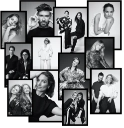 Collage of black and white portrait photographs featuring various models and individuals styled by Jillian Davison