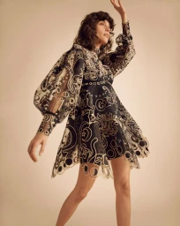 Model wearing a black sheer embroidered dress with celestial patterns styled by Jillian Davison in Sydney