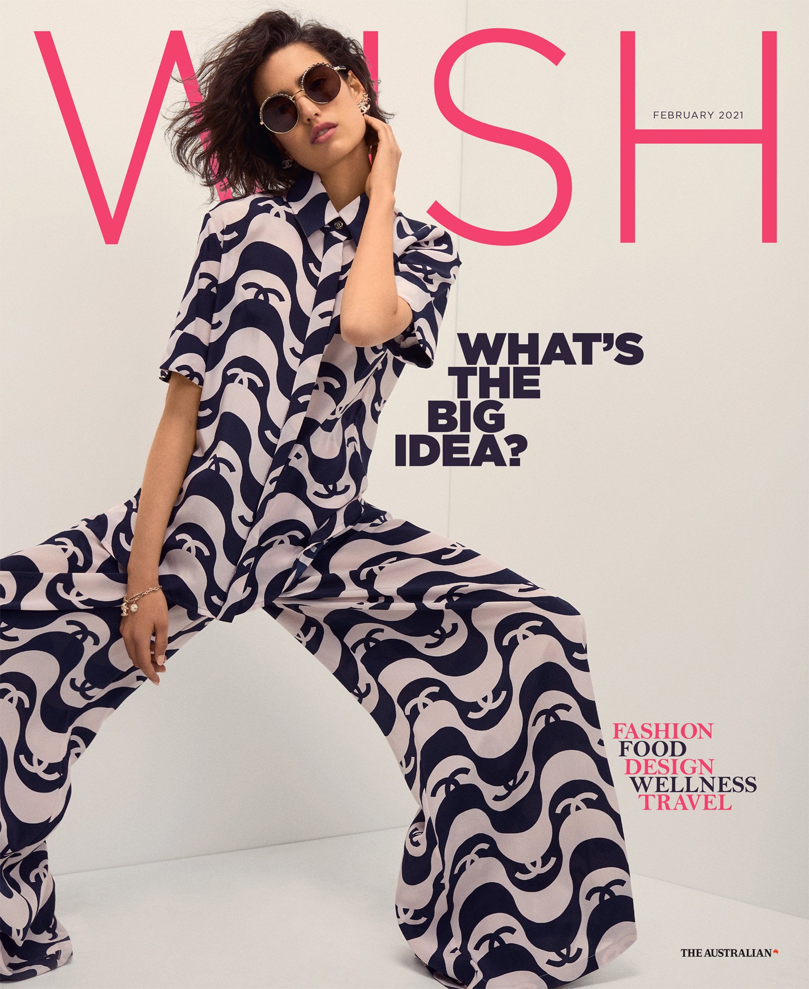 Magazine cover featuring a fashion model in a patterned outfit and sunglasses, with the 'Wish' logo and issue details visible.