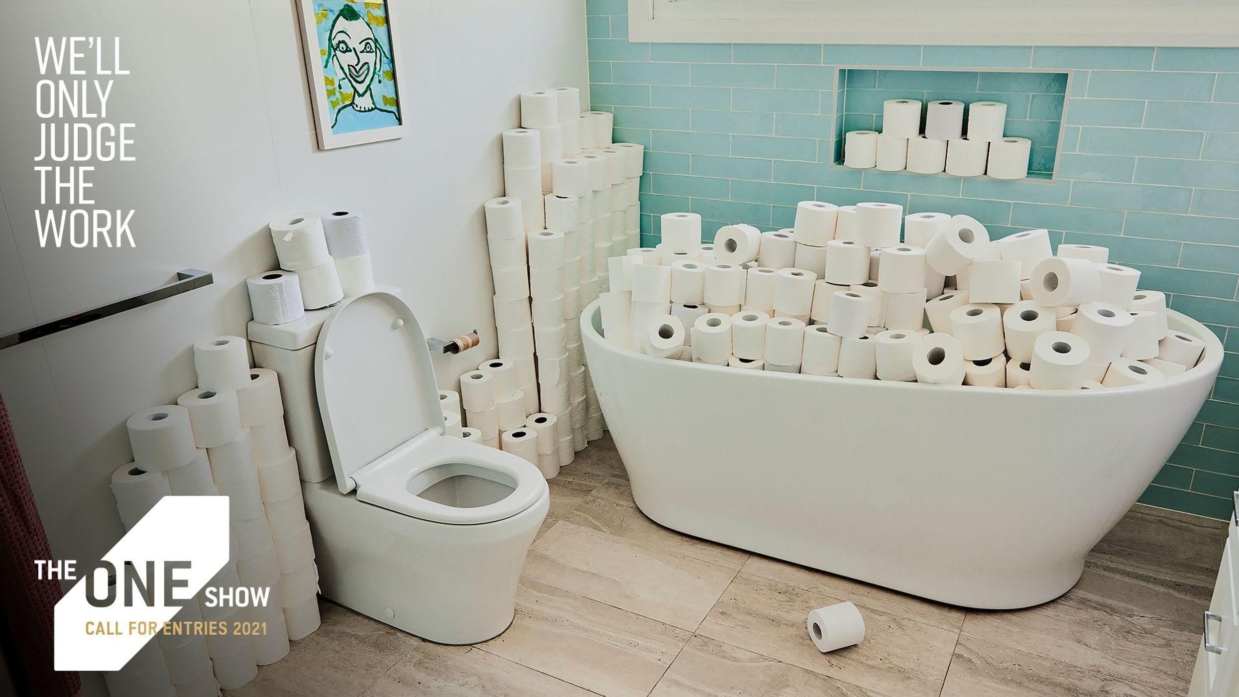 Humorous bathroom scene filled with toilet paper rolls: a toilet and bathtub overflowing, alongside advertising text for 'The One Show'.