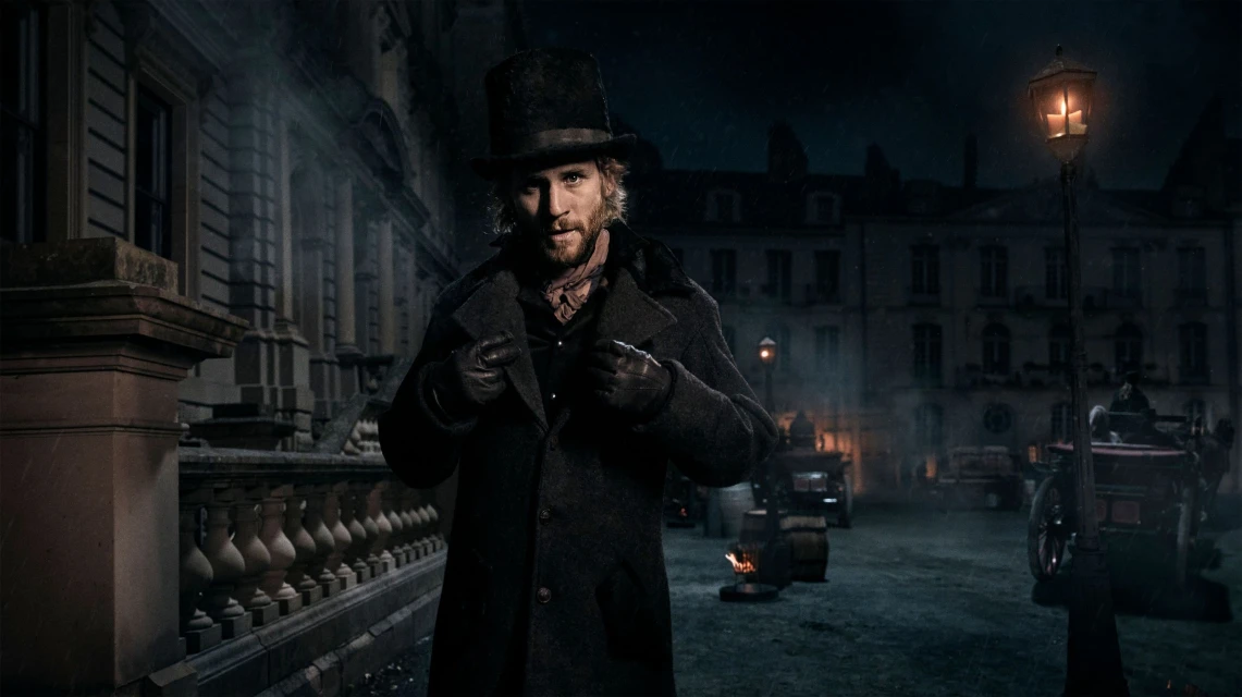 Man in top hat and coat standing on a cobblestone street at night with period buildings and carriages illuminated by a street lamp.