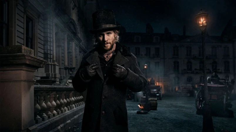 Man in top hat and coat standing on a cobblestone street at night with period buildings and carriages illuminated by a street lamp.