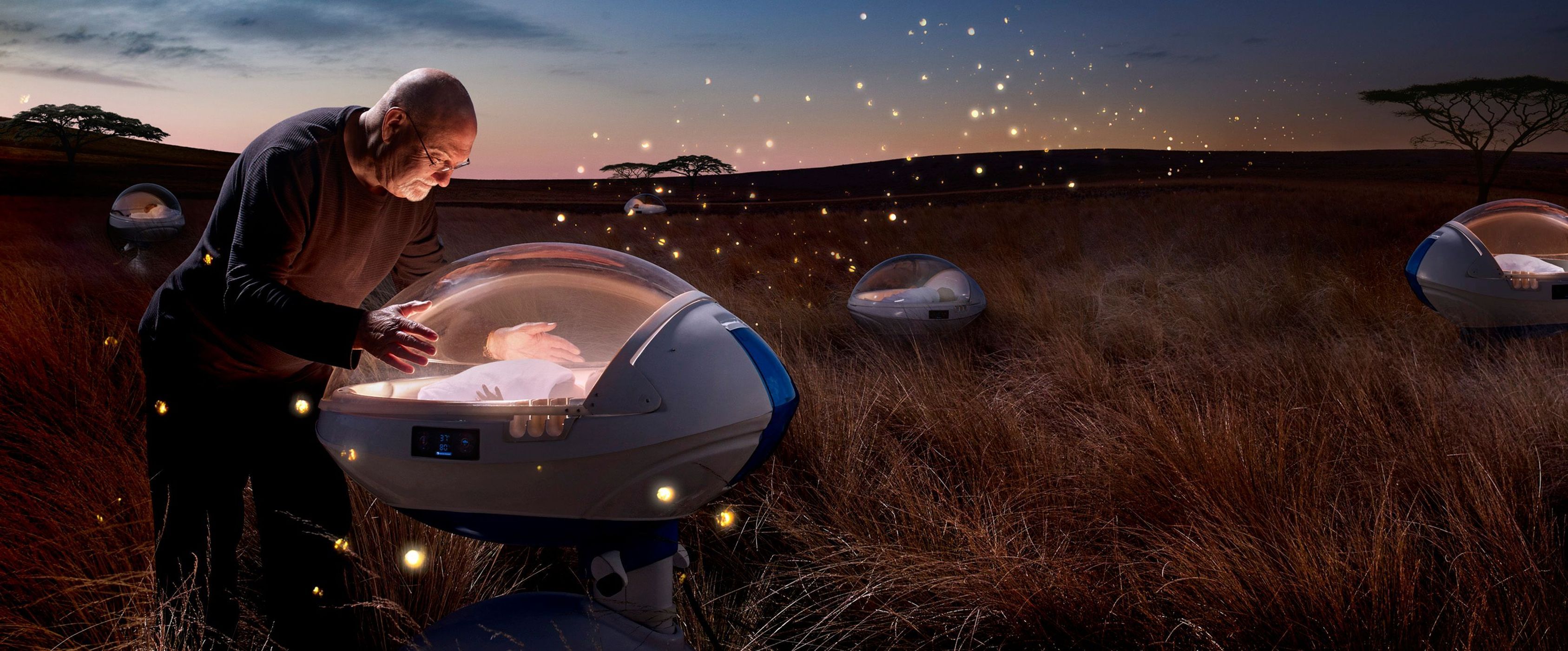 Elderly man examines a pod containing a person in a field at night with other similar pods around, under a starry sky.