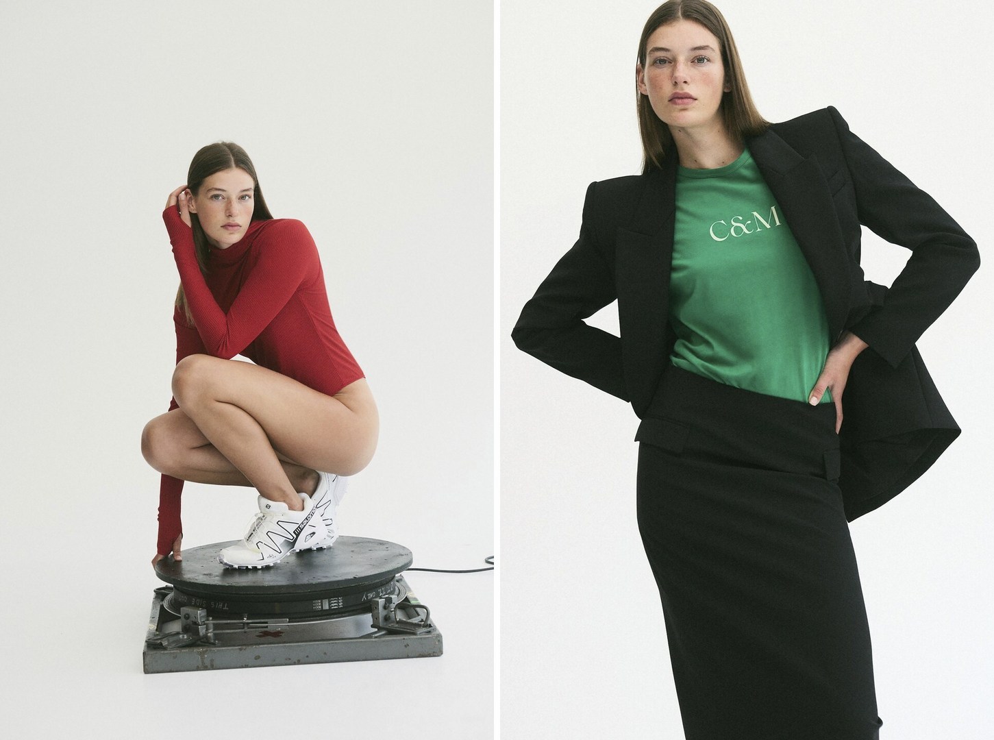 Two studio portraits: a woman in red bodysuit and sneakers squatting, and a woman in green top and blazer posing. Fashion editorial.