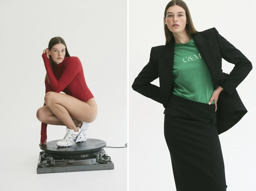Two studio portraits: a woman in red bodysuit and sneakers squatting, and a woman in green top and blazer posing. Fashion editorial.