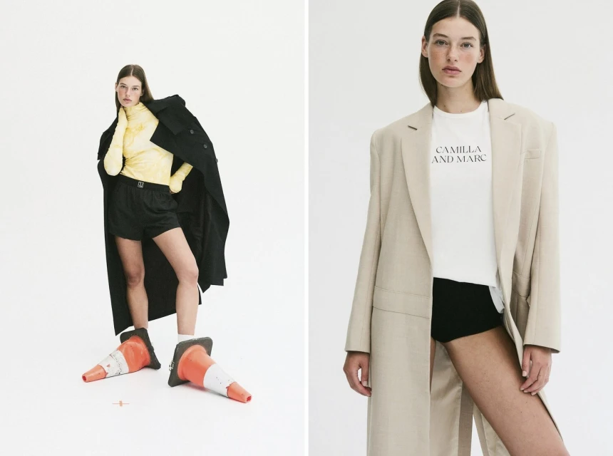 Two fashion photos: A woman in a yellow top and black shorts with traffic cones on her feet, and another in a tan coat.