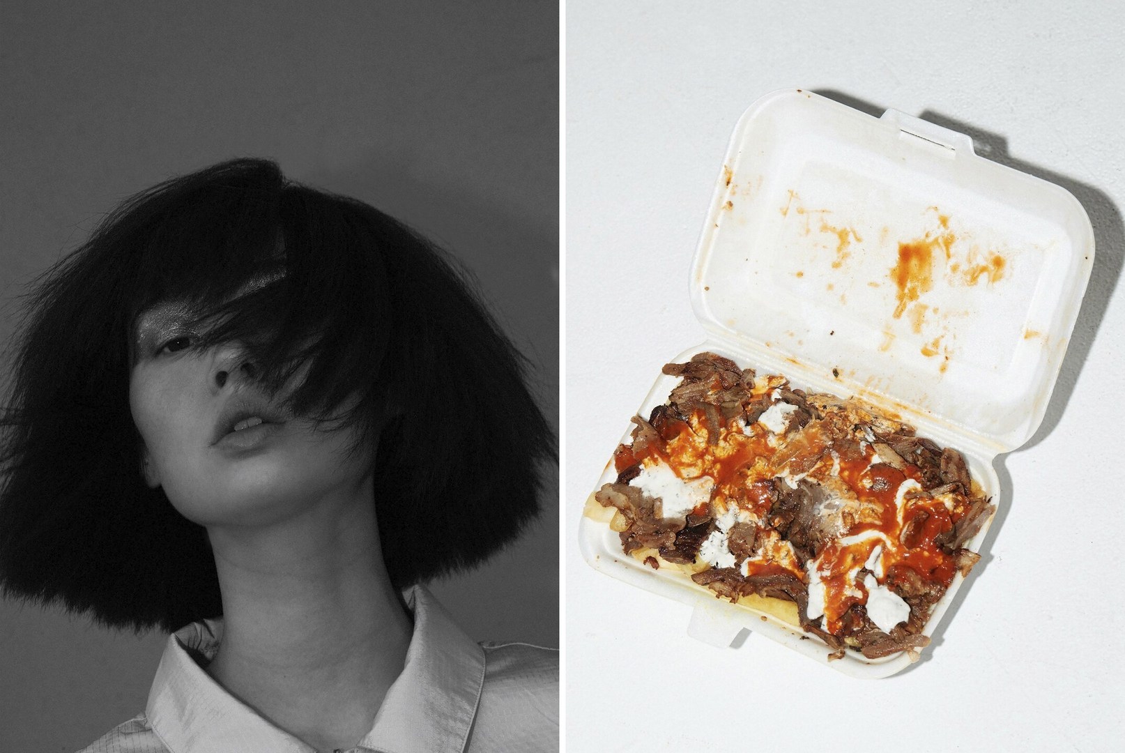 Monochrome portrait of a woman with dark, asymmetrical bob haircut alongside a styrofoam food container with leftover meat and sauce.