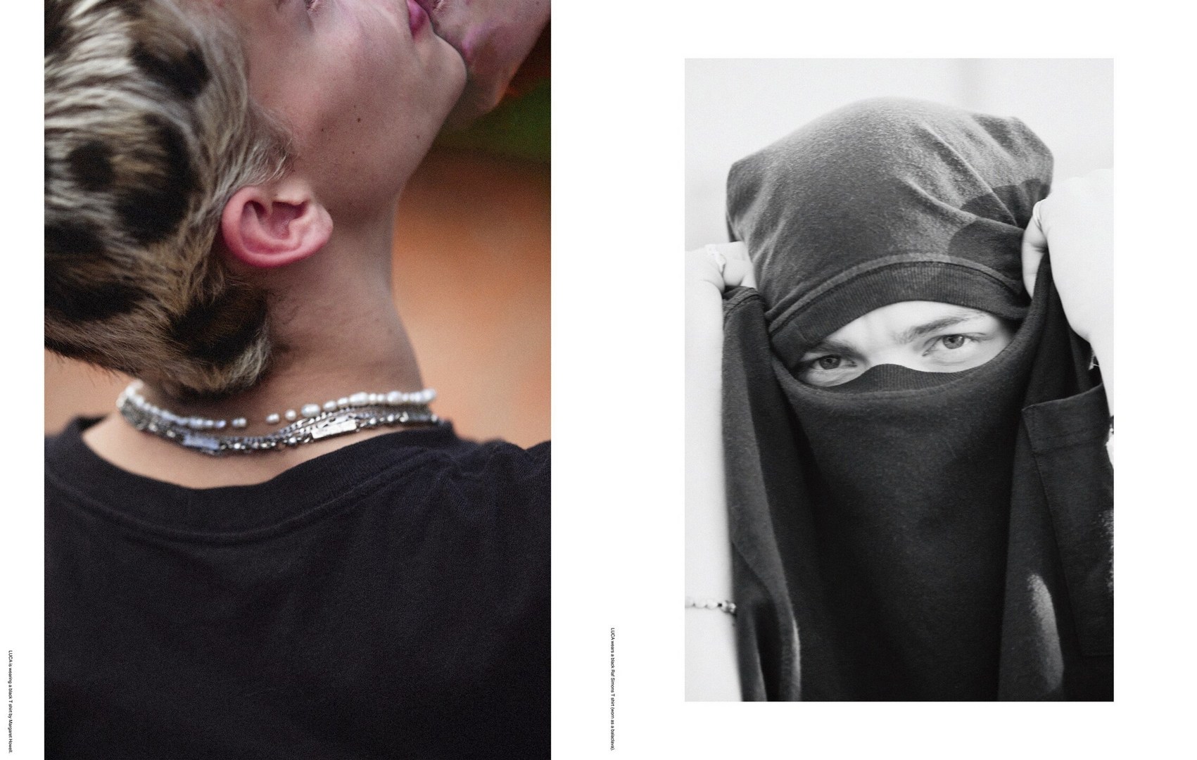 Two close-up portraits in black and white and color; one shows the neck and shoulder of an individual wearing necklaces and a black shirt.
