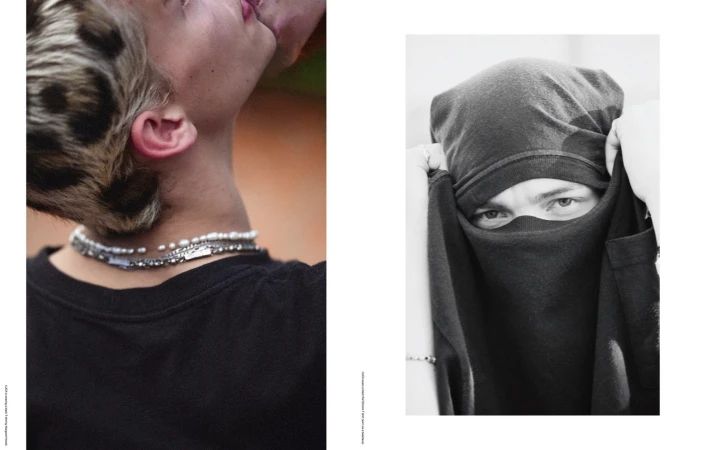 Two-panel fashion editorial layout showing a person from behind wearing layered necklaces and a second person wearing a dark face covering