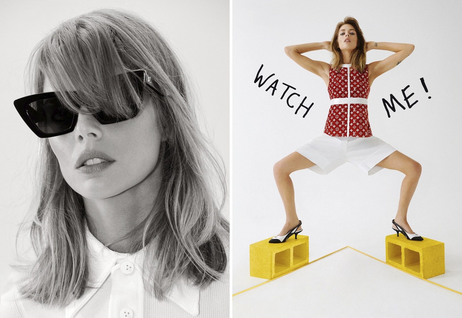 Fashion editorial shot: a woman in sunglasses on the left, and on the right, a woman in Louis Vuitton standing on cinder blocks.