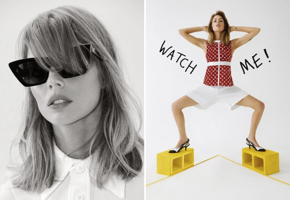 Fashion editorial shot: a woman in sunglasses on the left, and on the right, a woman in Louis Vuitton standing on cinder blocks.