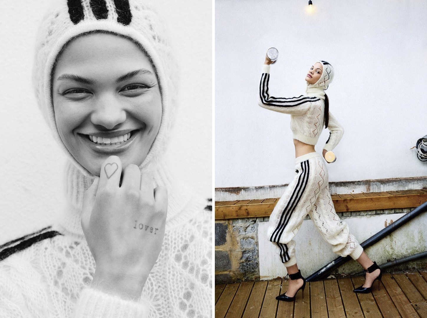 A young adult woman in a white knit tracksuit and heels is lifting weights in a split-screen image with a close-up portrait.