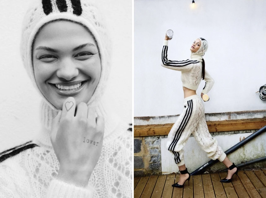 A young adult woman in a white knit tracksuit and heels is lifting weights in a split-screen image with a close-up portrait.
