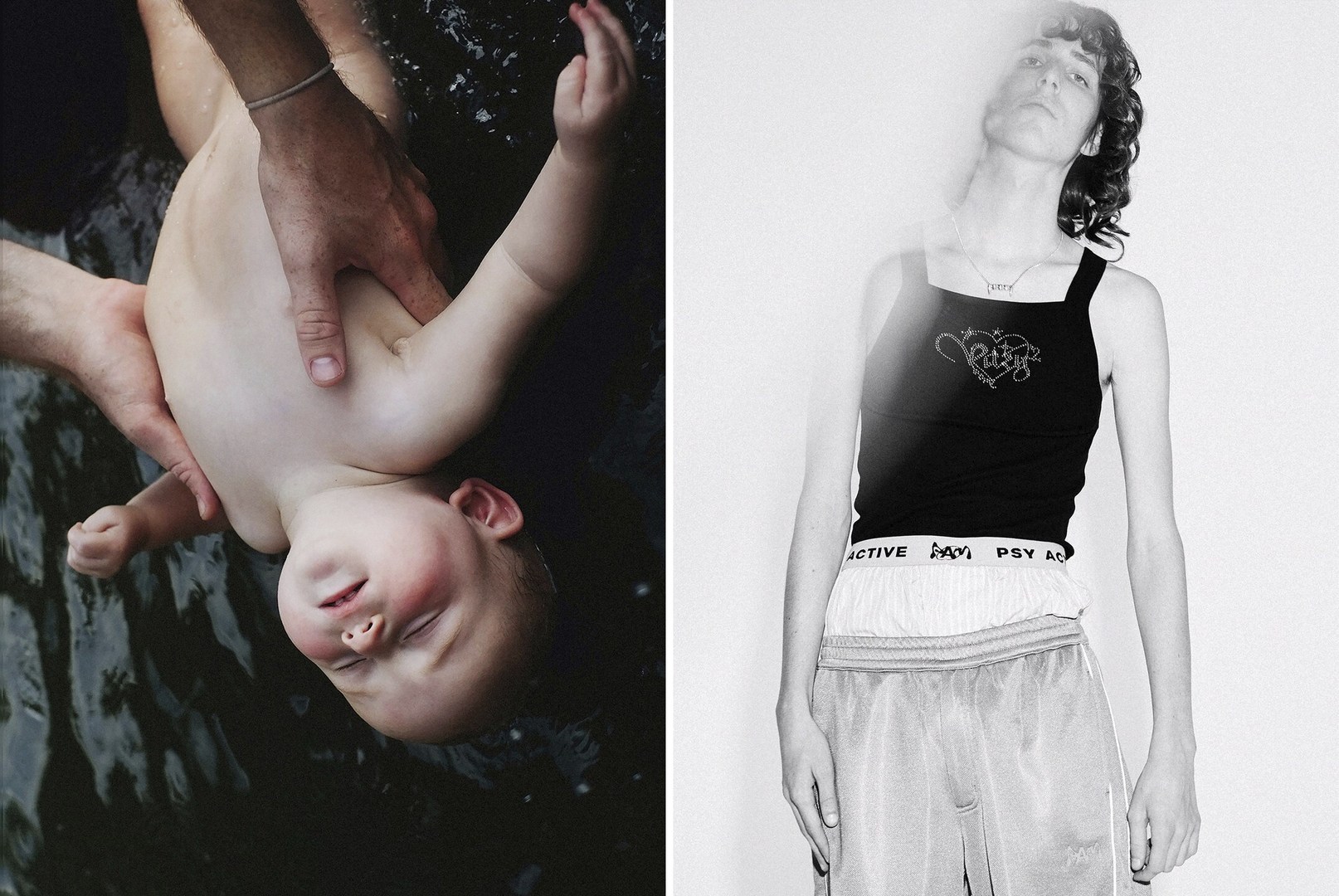 Monochrome diptych: Infant held in water by adult, contrasted with model in tank top and shorts against white backdrop.