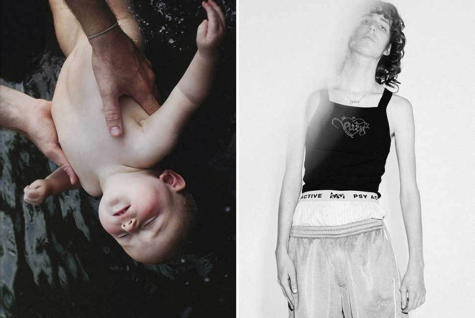 Monochrome diptych: Infant held in water by adult, contrasted with model in tank top and shorts against white backdrop.