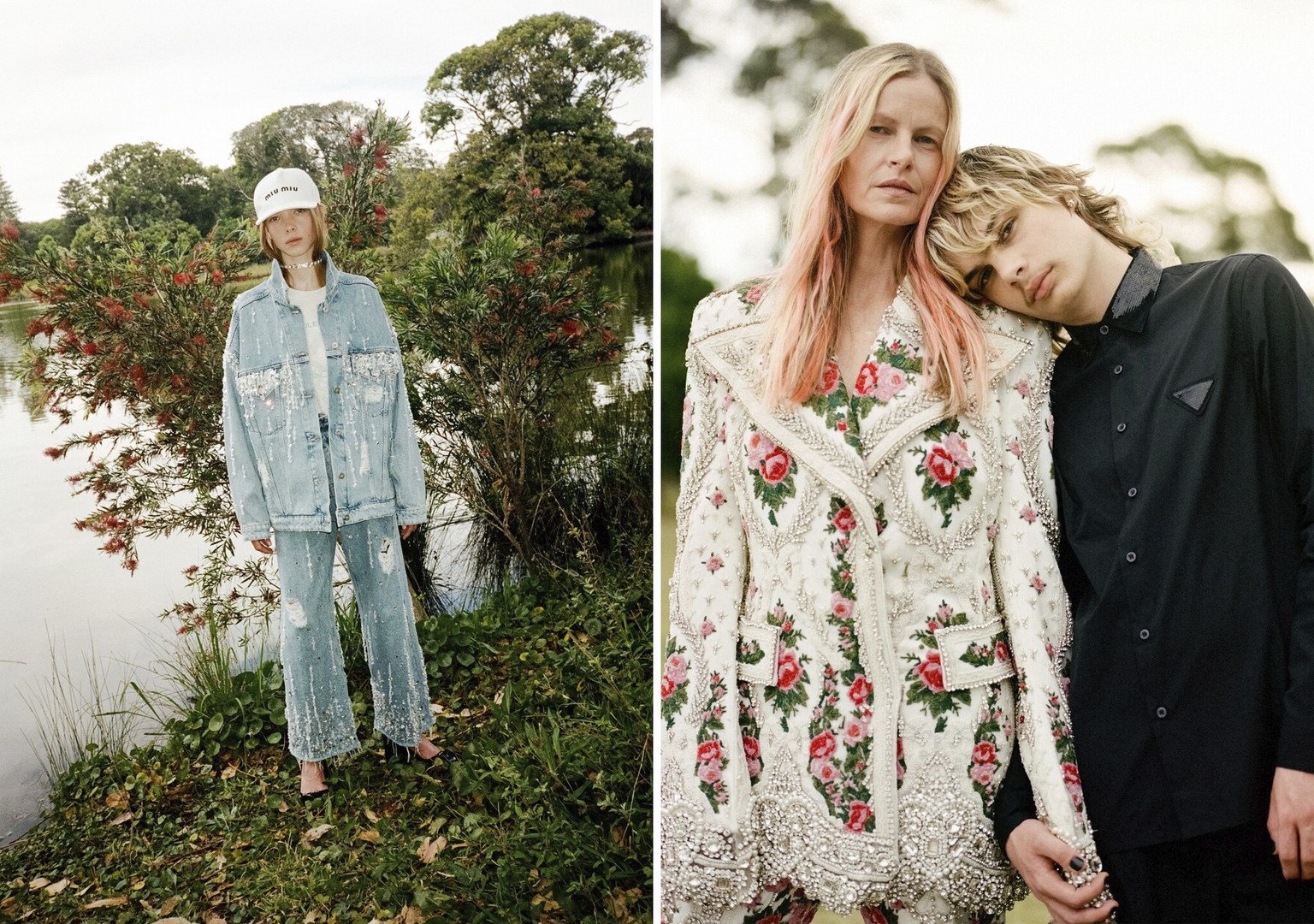 Two outdoor fashion photos: one woman in denim by a lake, and a man and woman in floral and black against greenery.