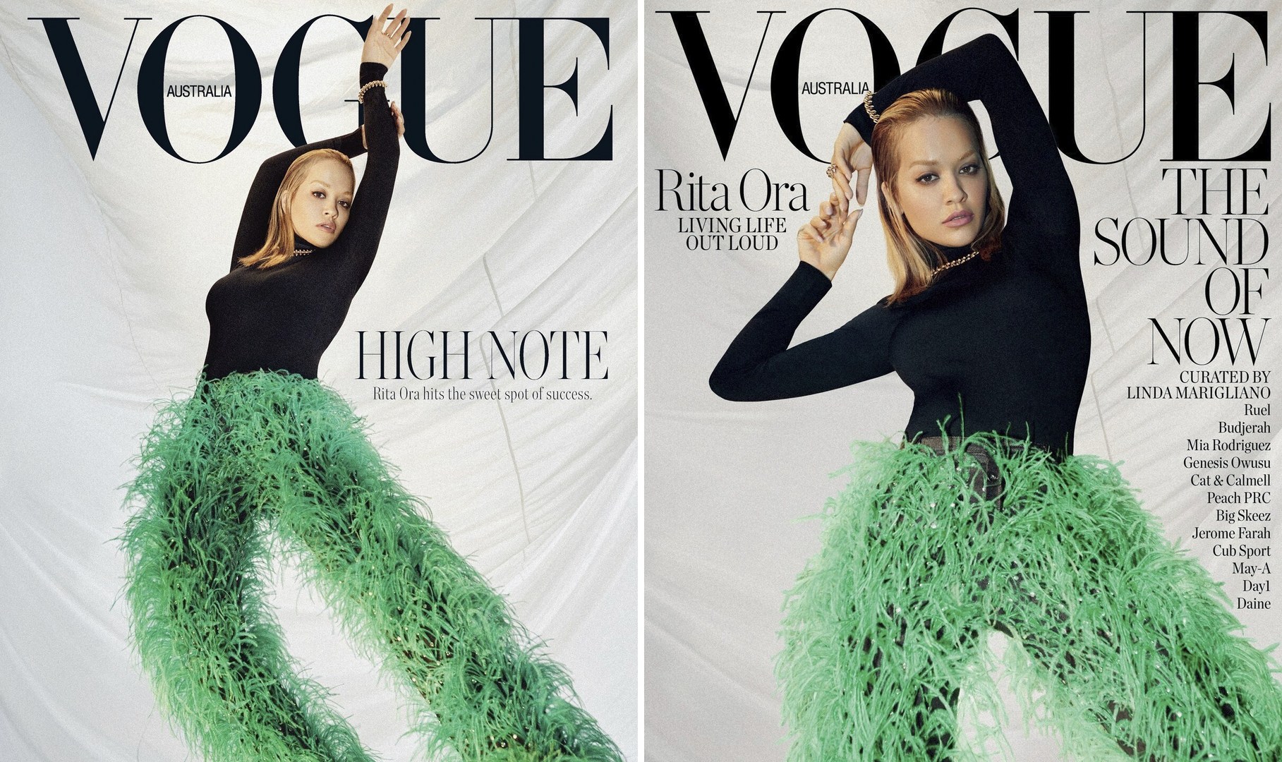 Vogue Australia cover featuring Rita Ora in a black top and green feathered pants, posing against a white backdrop with magazine text.
