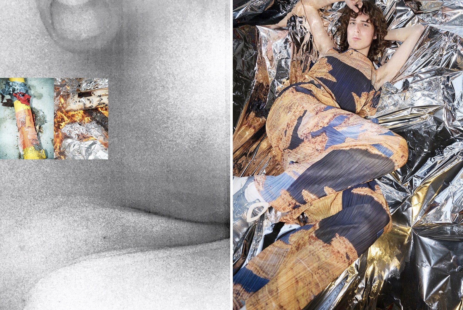 Model poses in printed gown on reflective surface with a background featuring abstract shapes and a collage of a bonfire and construction.