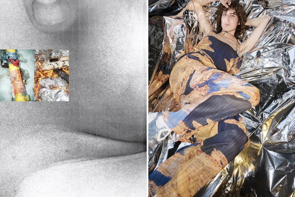 Model poses in printed gown on reflective surface with a background featuring abstract shapes and a collage of a bonfire and construction.