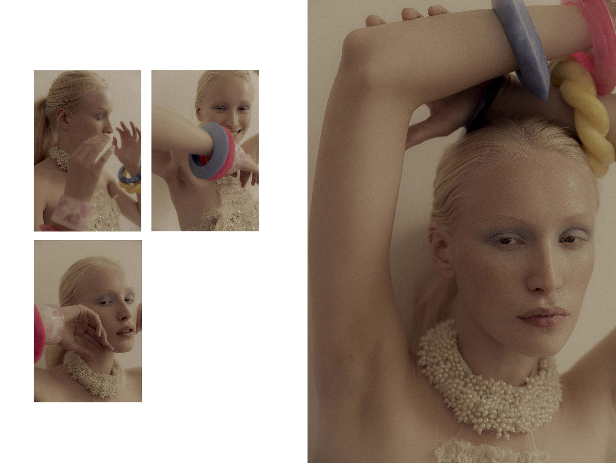 Close-up portrait of a blonde woman wearing chunky bangles and a textured pearl necklace shot by Natasha Killeen.