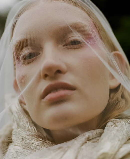 Close-up of a young adult female fashion model with pink eye makeup, pale skin, and a sheer white veil.
