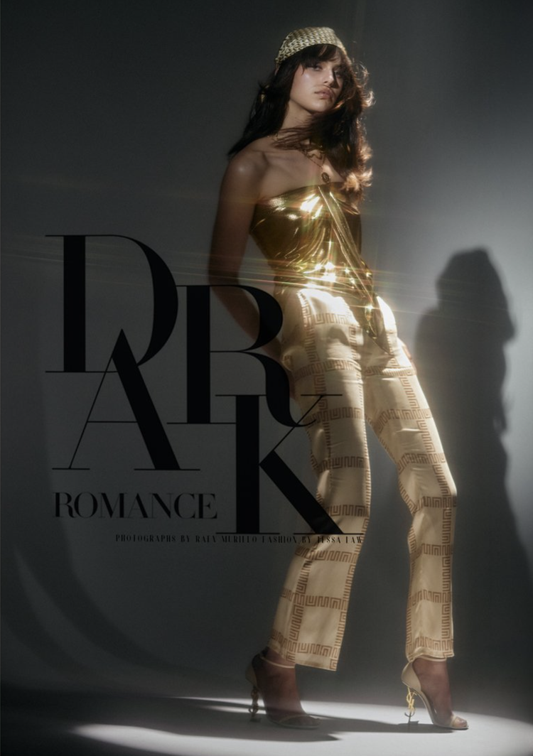 Fashion shot of a model in a gold strapless top and patterned pants, set against a blurred grey backdrop with dramatic lighting.