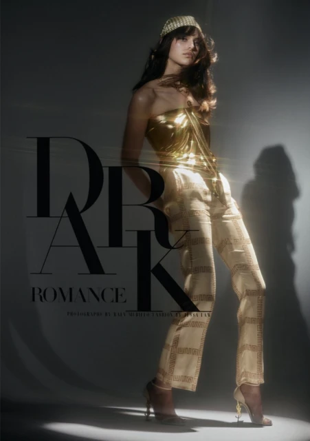 Fashion shot of a model in a gold strapless top and patterned pants, set against a blurred grey backdrop with dramatic lighting.