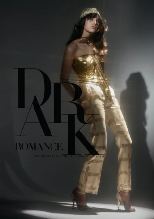 Fashion shot of a model in a gold strapless top and patterned pants, set against a blurred grey backdrop with dramatic lighting.