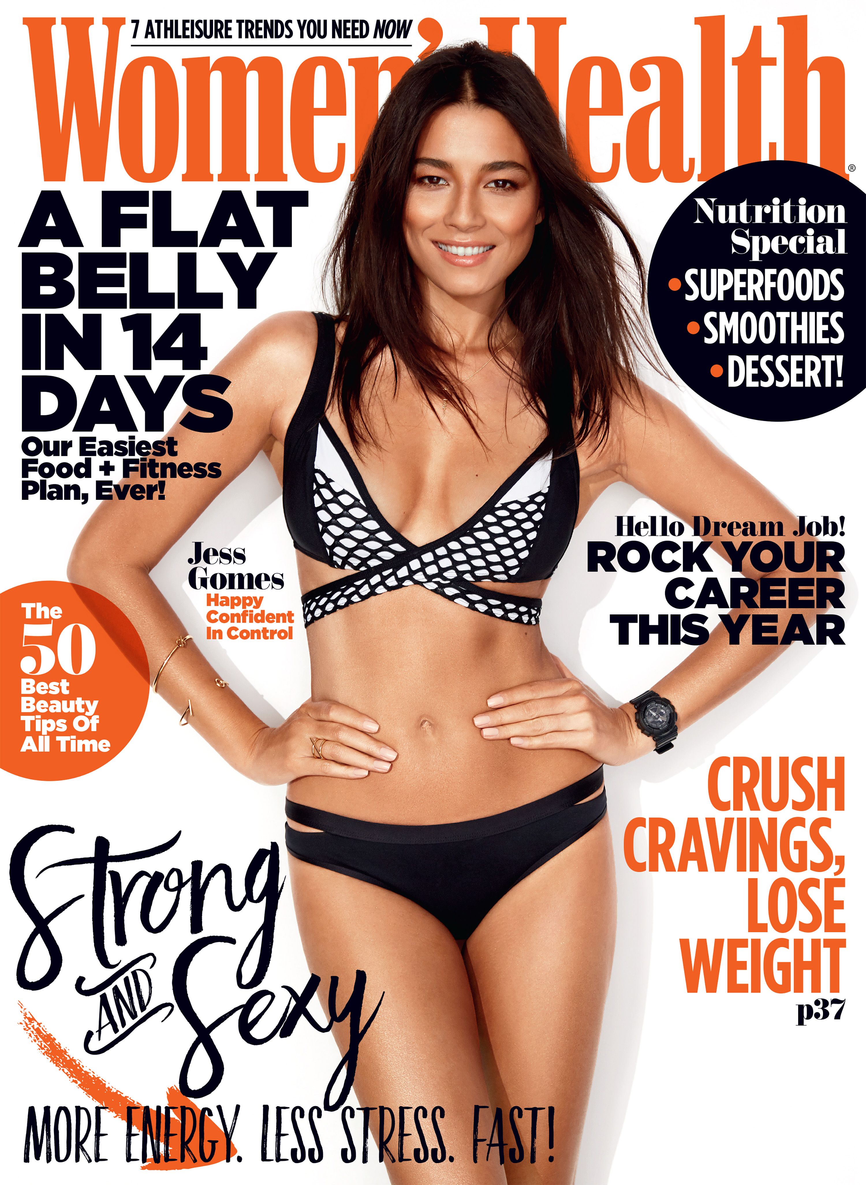 Women's Health cover featuring model in black and white bikini, headlines about fitness and nutrition, and magazine logo.