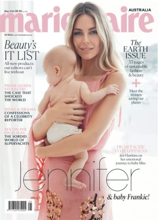 Marie Claire Australia magazine cover featuring Jennifer Hawkins holding her baby, Frankie, in a close-up shot, warm lighting and Earth Issue.