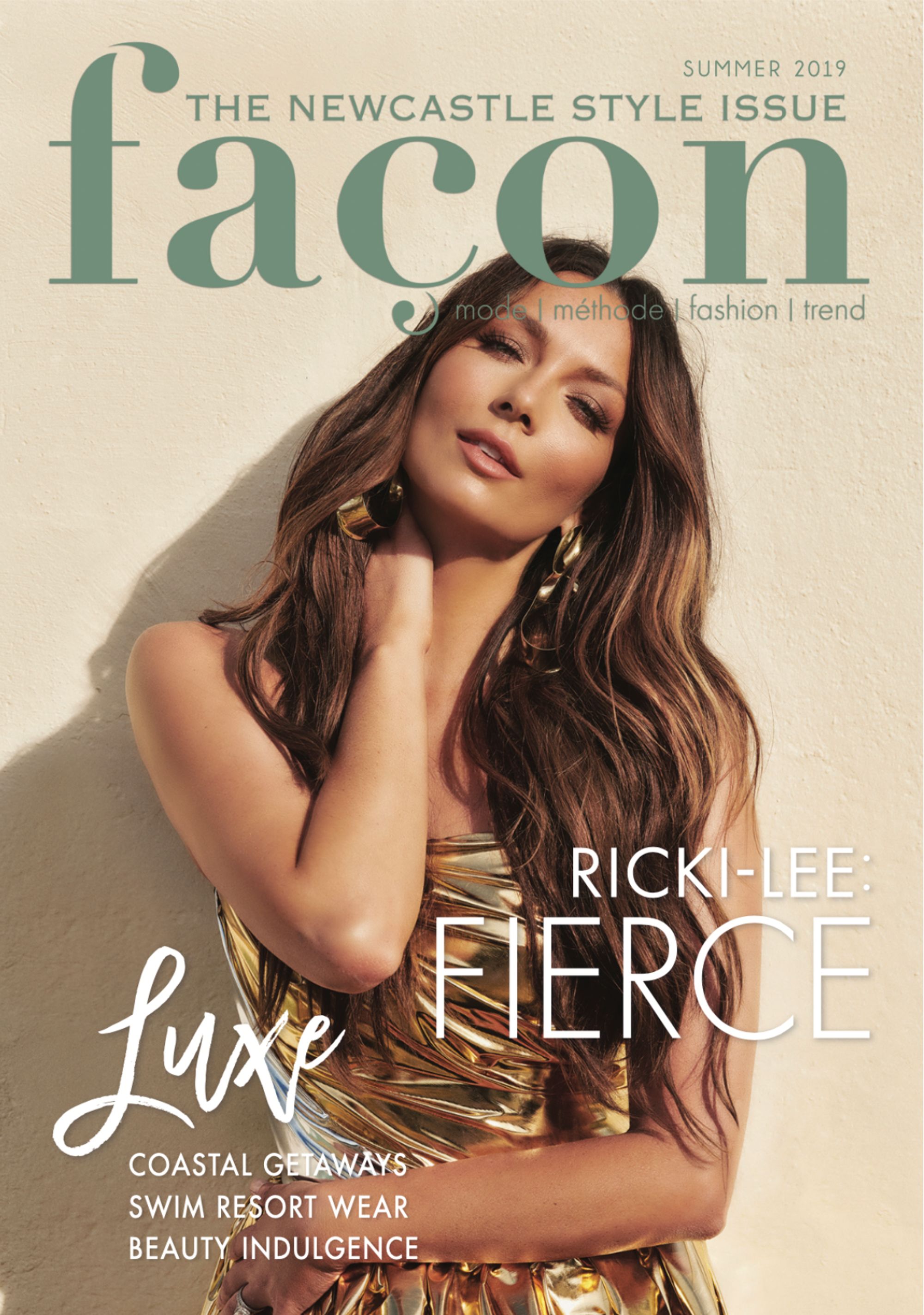 Magazine cover featuring Ricki-Lee wearing a gold strapless dress. The cover also features the magazine name and related taglines.