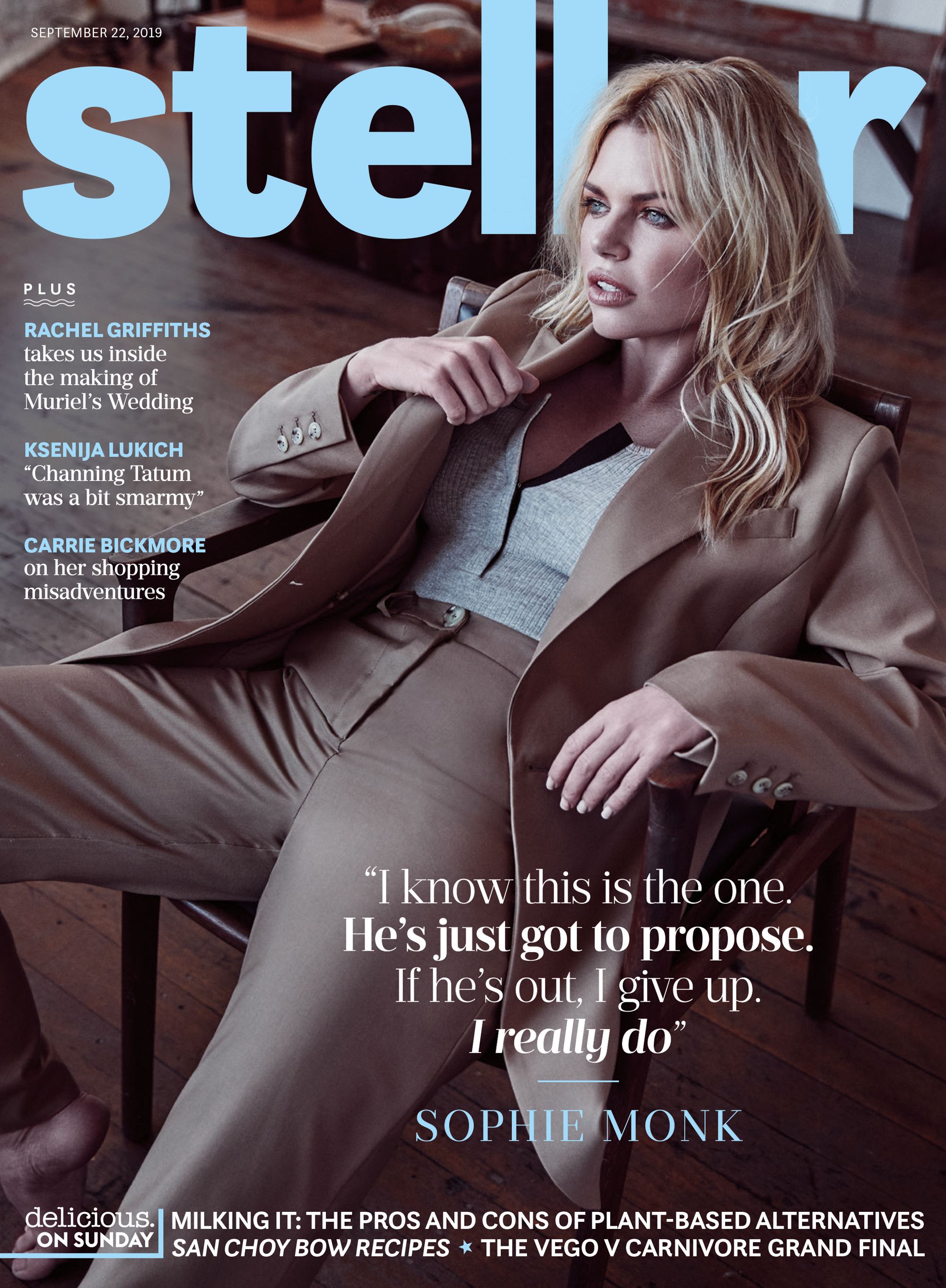 Magazine cover featuring Sophie Monk wearing a tan suit, sitting on a chair. 'Stellar' masthead and various cover lines are visible.