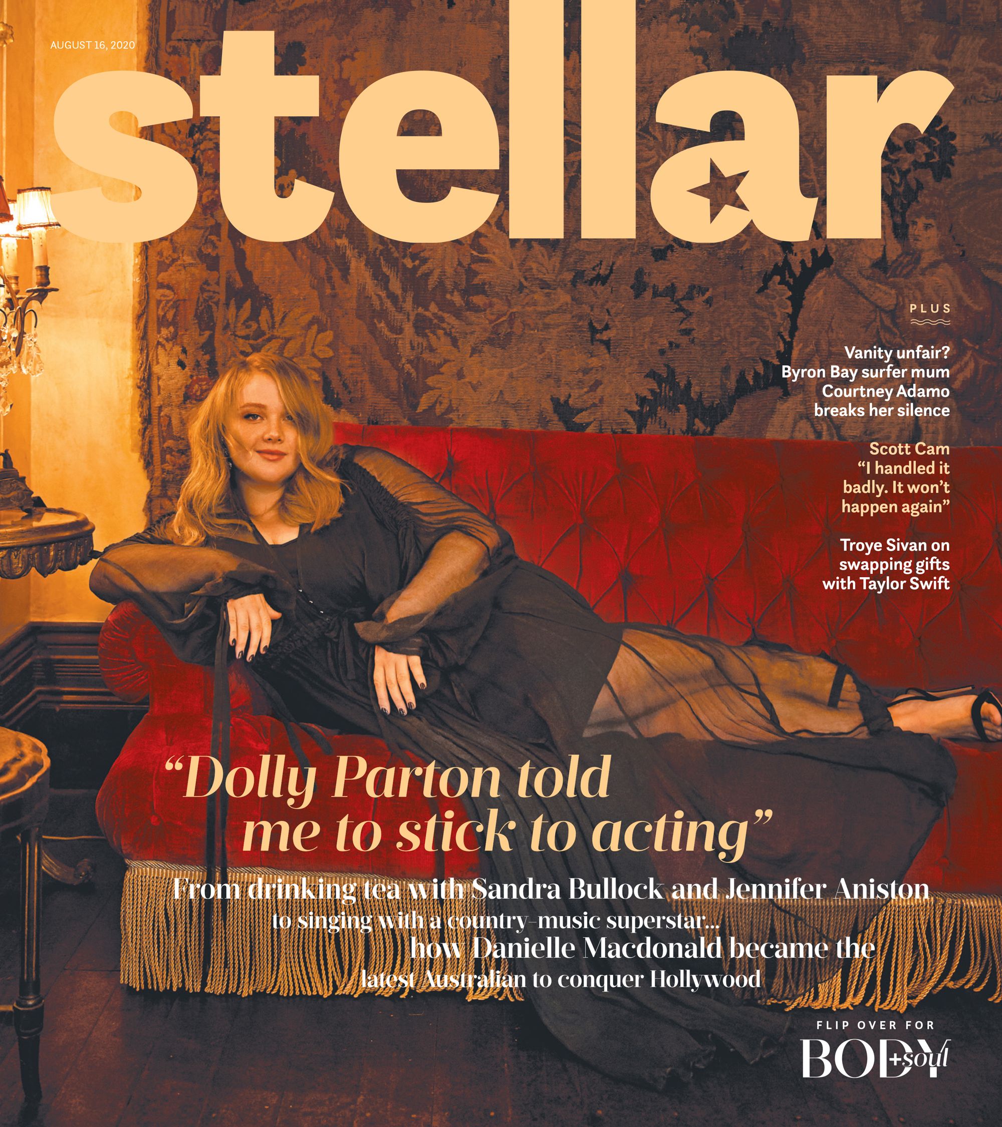 Magazine cover featuring Danielle Macdonald in a sheer black dress, reclining on a red velvet chaise, with 'Stellar' in large text.