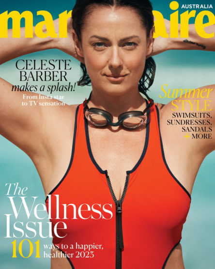 Celeste Barber smiles on Marie Claire Australia magazine cover. She wears goggles and a red one-piece swimsuit against a blurred background.
