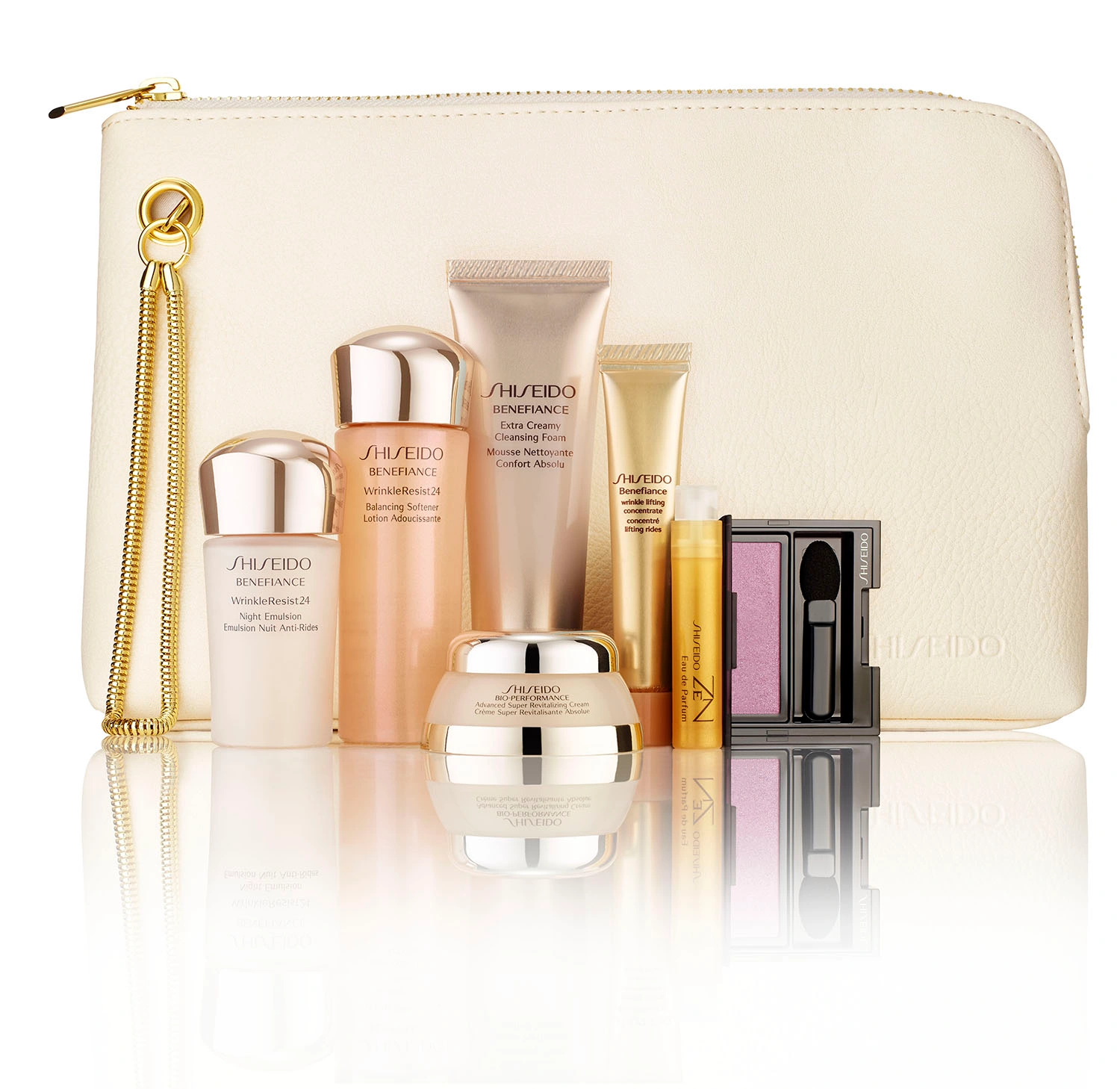 Shiseido skincare and makeup product set arranged in front of a white leather cosmetic bag