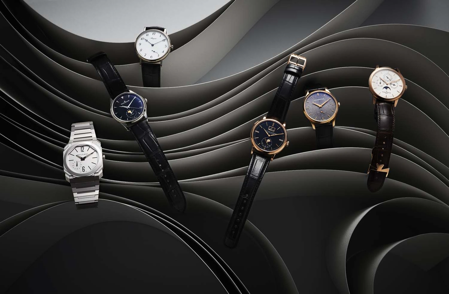 Six luxury wristwatches displayed on dark grey curved abstract paper ribbons in a commercial product layout.
