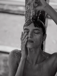 Close-up monochrome portrait of a woman standing beneath a shower with water cascading over her face and dark hair.