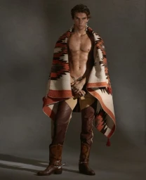 Shirtless male model wearing a patterned southwestern blanket, leather trousers, and cowboy boots in a studio setting.