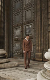 Man wearing a brown double-breasted suit standing before large carved wooden doors