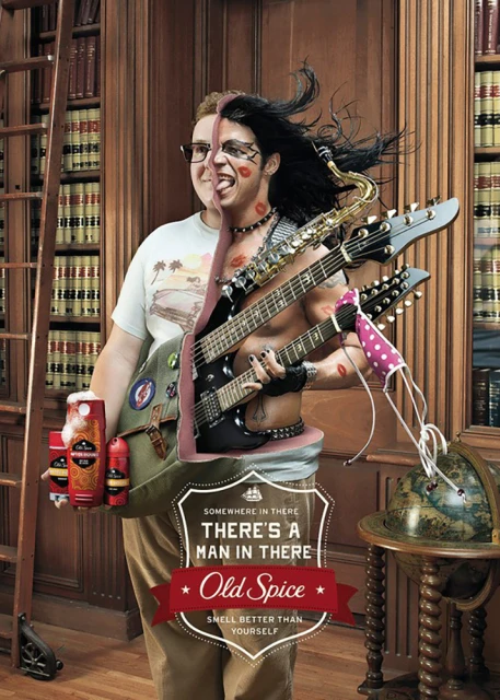 Digital composite advertisement for Old Spice features two halves of men, one a nerd and the other a rocker, in a library.