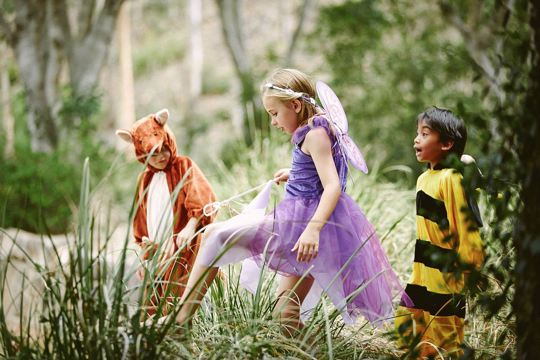 Three children in costume in a forest. One child is dressed as a fox, one as a fairy with wings, and one as a bumble bee.
