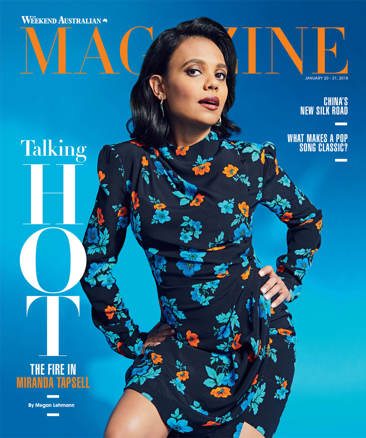 Magazine cover featuring Miranda Tapsell in a floral dress against a bright blue background with bold magazine text elements.