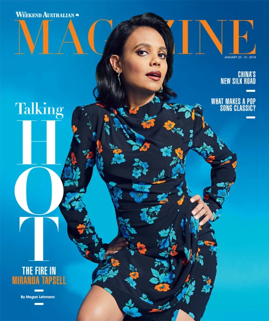 Magazine cover featuring Miranda Tapsell in a floral dress against a bright blue background with bold magazine text elements.