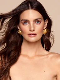 Close-up portrait of a woman with blue eyes wearing textured gold statement earrings and glossy pink lipstick against a neutral backdrop.