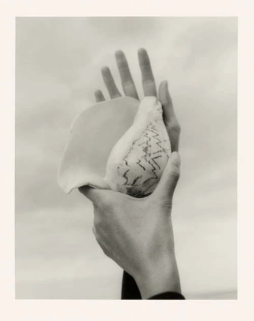 Surreal black-and-white close-up photograph of two hands holding a large conch shell against a cloudy sky, artful and conceptual.