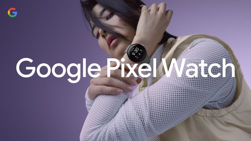 Asian woman showcases Google Pixel Watch with a white mesh top and a light vest against a purple background in a studio shot.