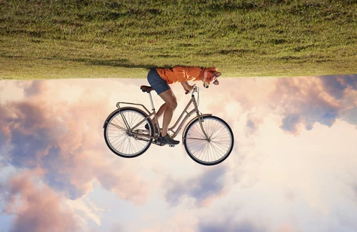 Person wearing a fox head riding a bicycle upside down against a backdrop of cloudy sky and green grass in a surreal image.